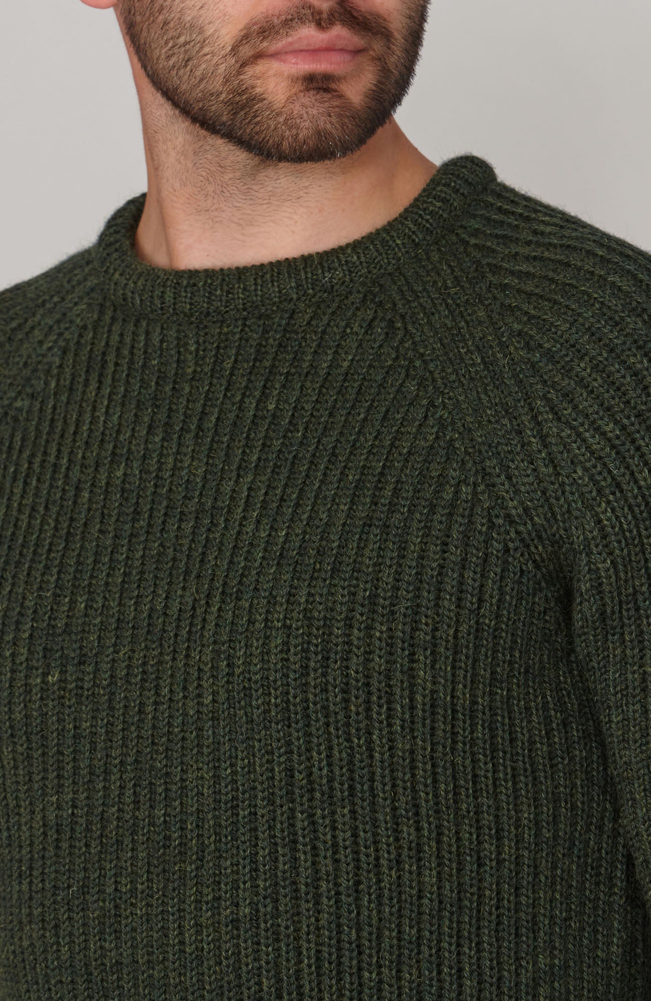 green mens British wool ribbed fisherman jumper