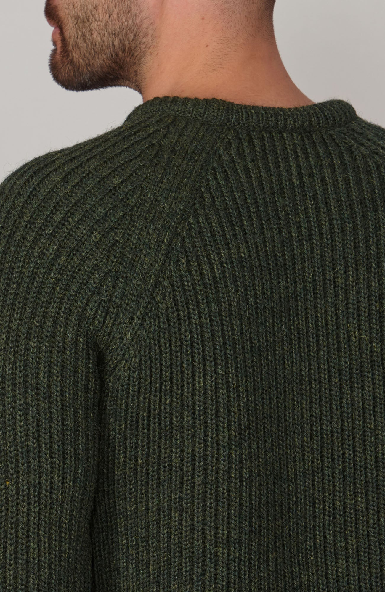 green mens British wool ribbed fisherman jumper