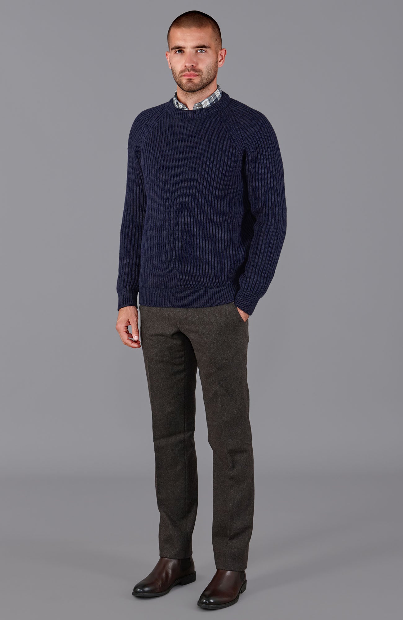navy mens British wool ribbed fisherman jumper