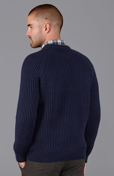 navy mens British wool ribbed fisherman jumper