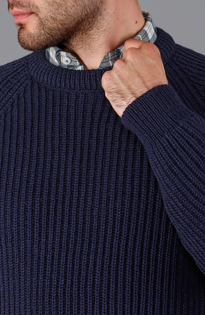 navy mens British wool ribbed fisherman jumper