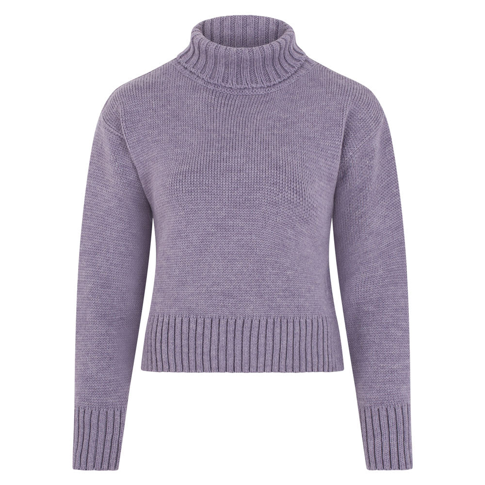 lilac purple crop roll neck merino wool jumper