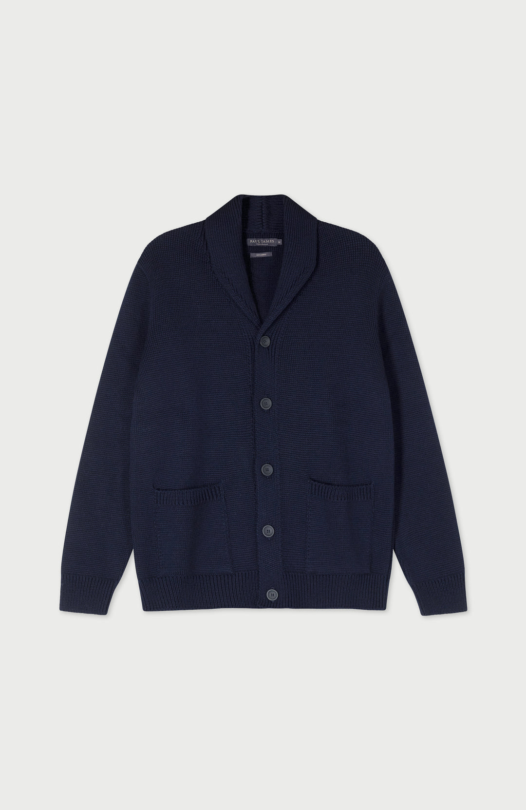 Navy Mens Merino Wool Shawl Collar Made In England Cardigan By Paul James