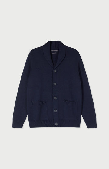 Navy Mens Merino Wool Shawl Collar Made In England Cardigan By Paul James