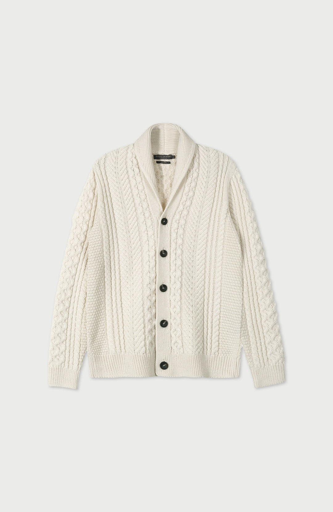 White Mens Chunky Merino Wool Shawl Cable Made In England Cardigan By Paul James