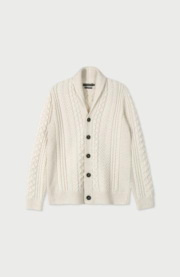 White Mens Chunky Merino Wool Shawl Cable Made In England Cardigan By Paul James