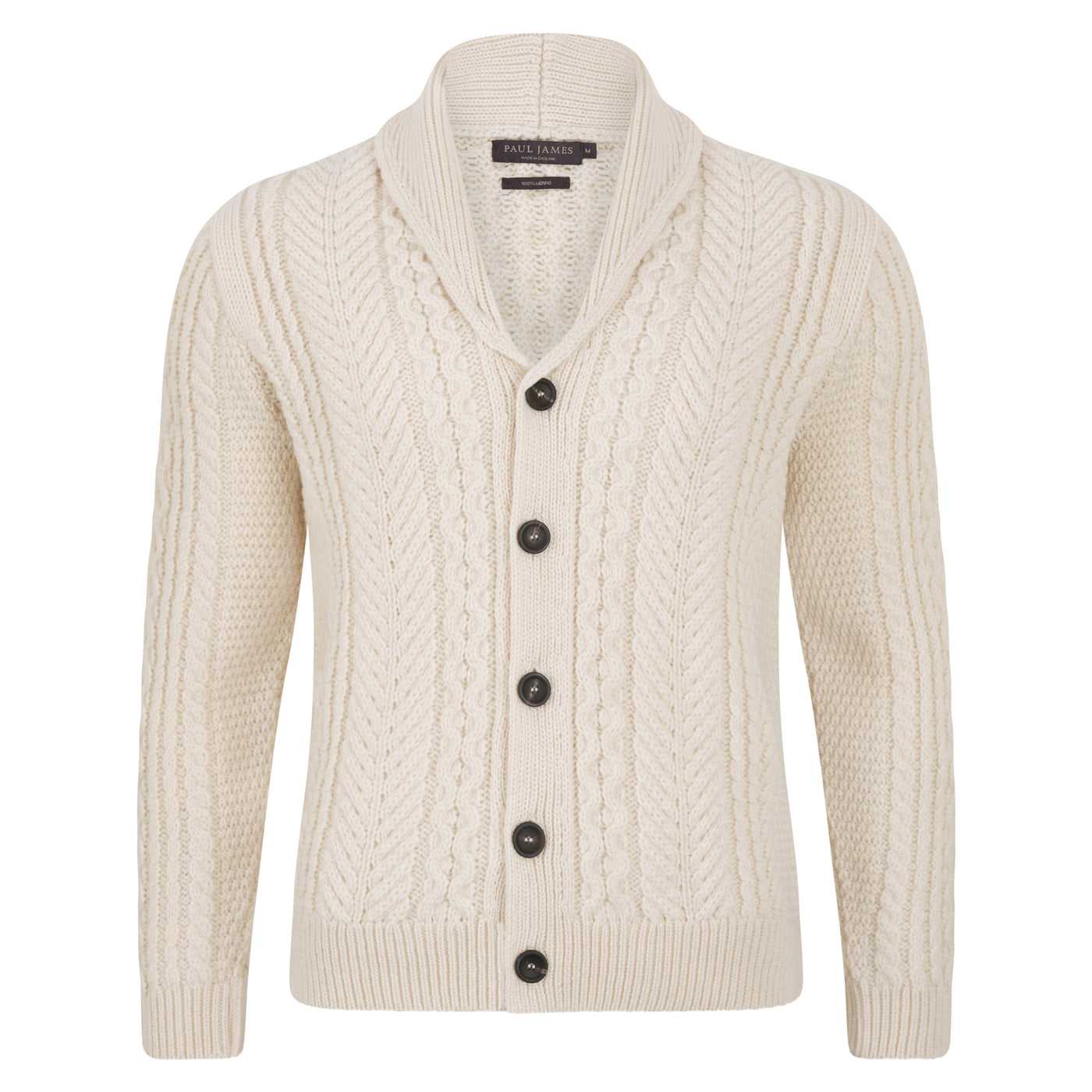 Mens Chunky Merino Wool Shawl Collar Cable Cardigan