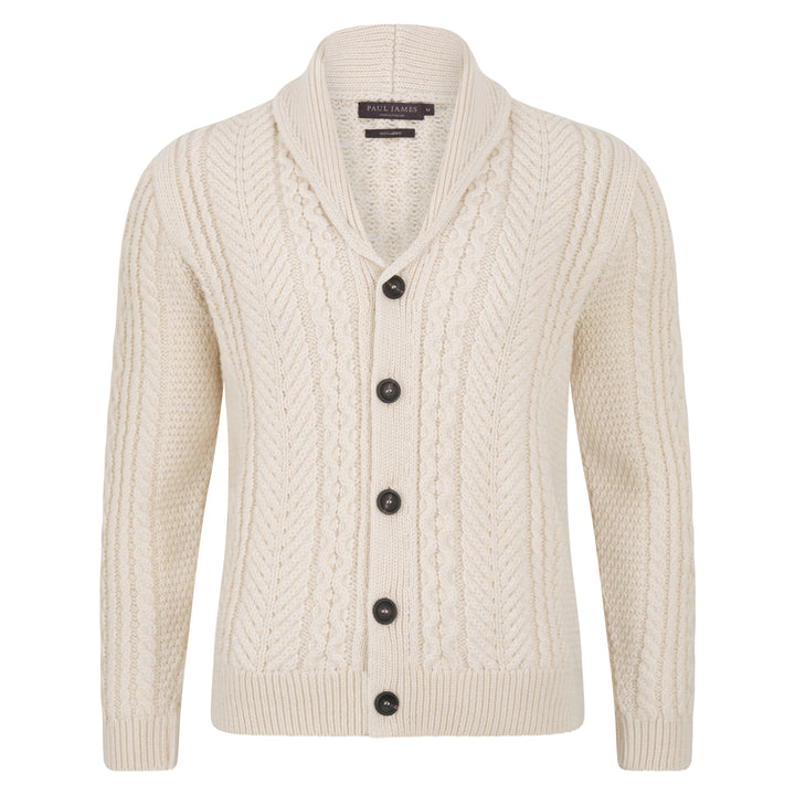 Mens Chunky Merino Wool Shawl Collar Cable Cardigan – Paul James