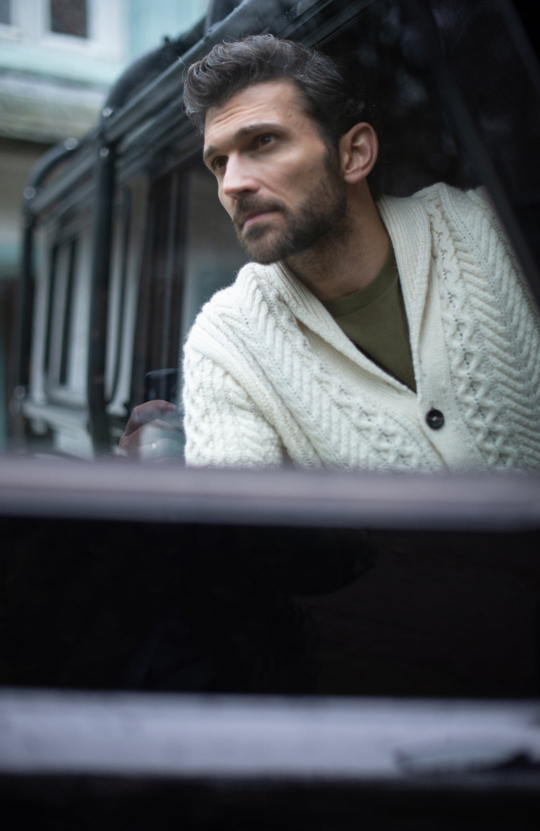 Off-White Men's made in england chunky cable cardigan by Paul James Knitwear