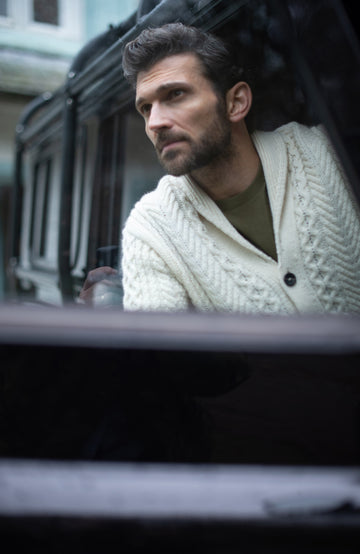 Off-White Men's made in england chunky cable cardigan by Paul James Knitwear