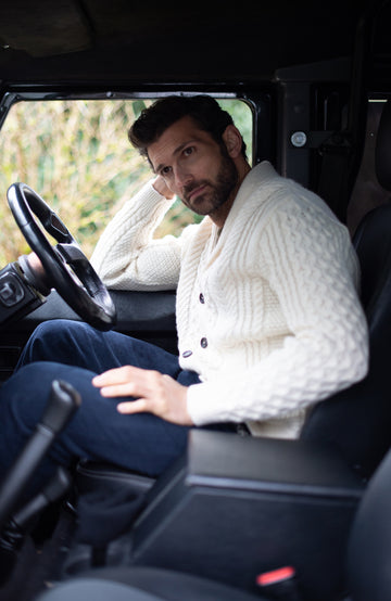 White Mens Chunky Merino Wool Shawl Cable Cardigan