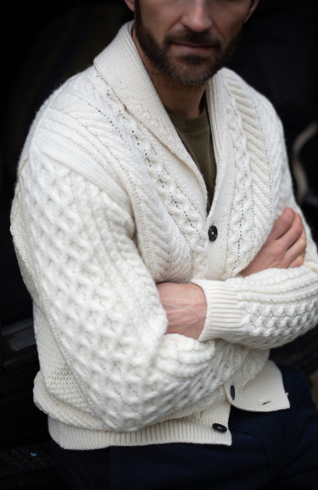 White Mens Chunky Merino Wool Shawl Cable Cardigan
