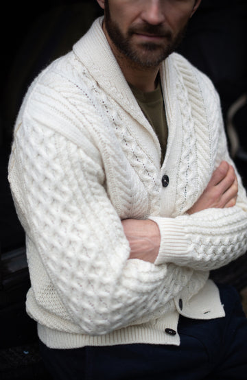 White Mens Chunky Merino Wool Shawl Cable Cardigan