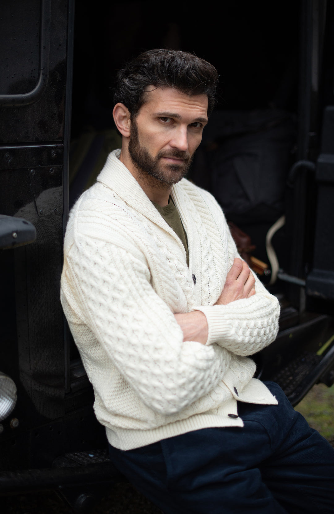 White Mens Chunky Merino Wool Shawl Cable Cardigan