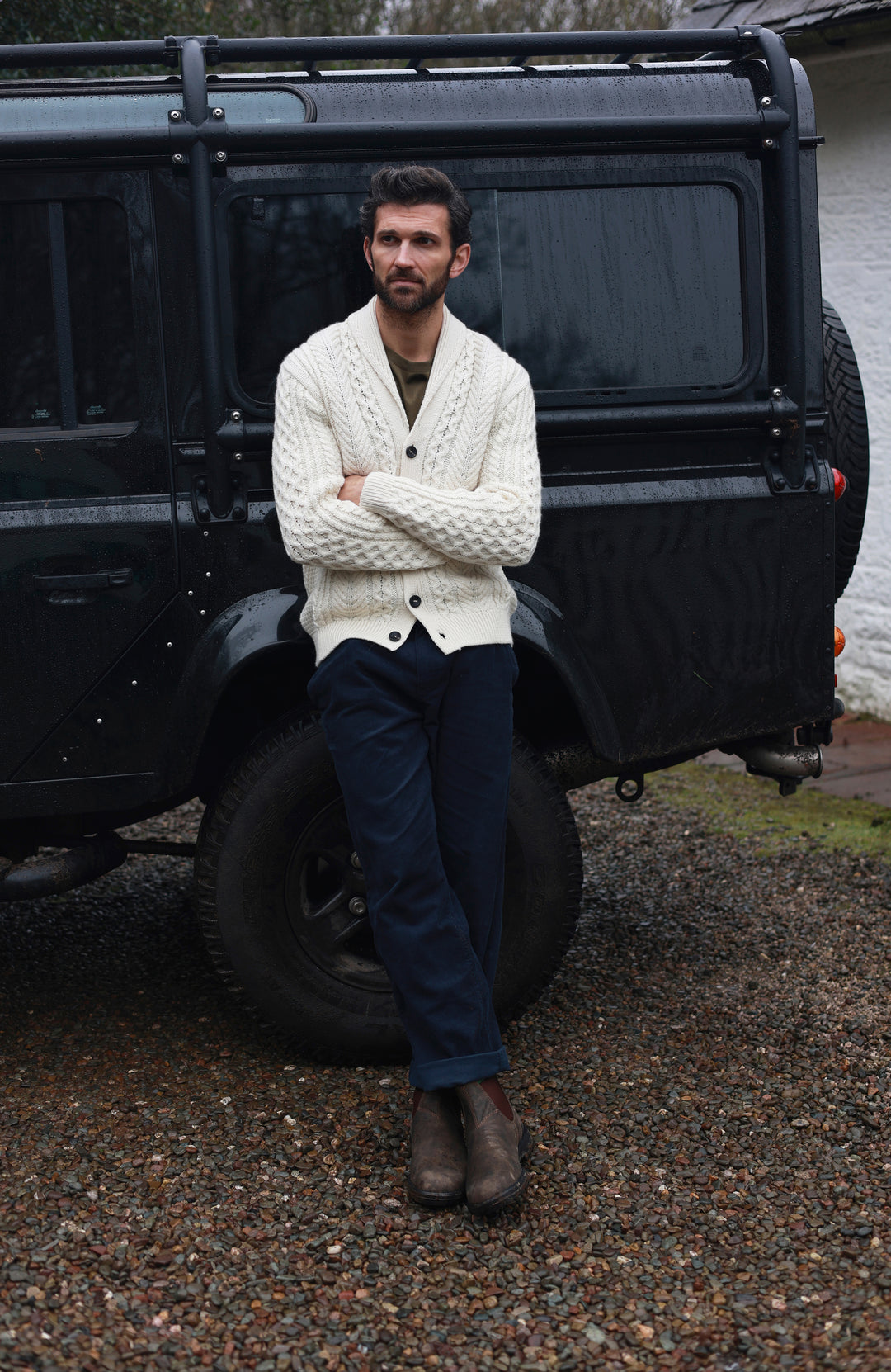 Off-White Men's made in england chunky cable cardigan by Paul James Knitwear