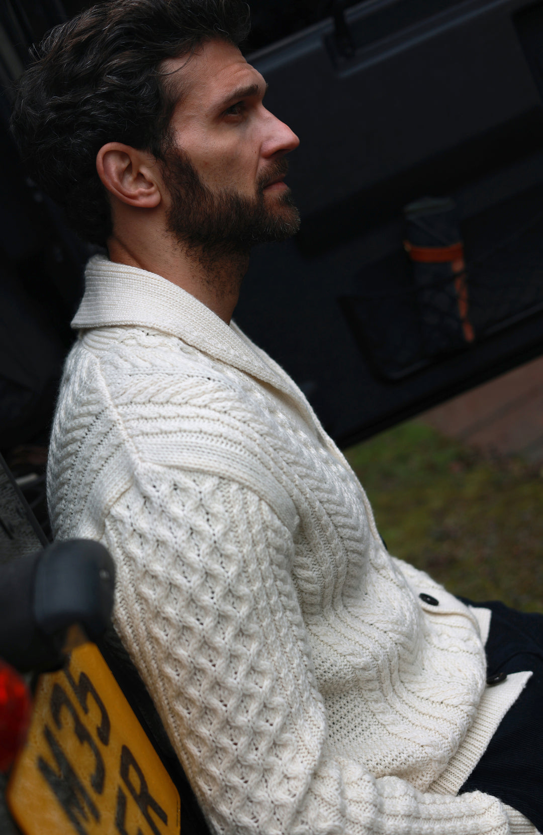 Off-White Men's made in england chunky cable cardigan by Paul James Knitwear