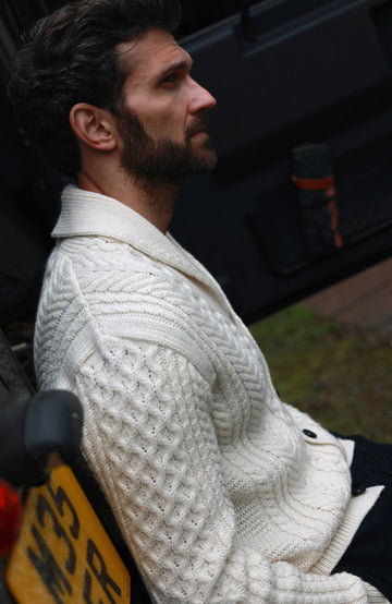 Off-White Men's made in england chunky cable cardigan by Paul James Knitwear