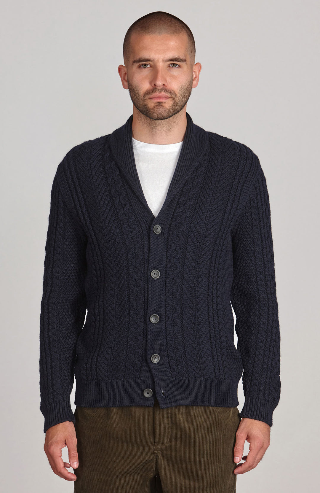 mens navy chunky cable wool cardigan by Paul James