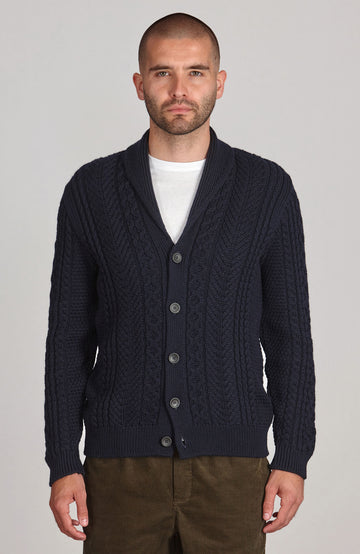 mens navy chunky cable wool cardigan by Paul James