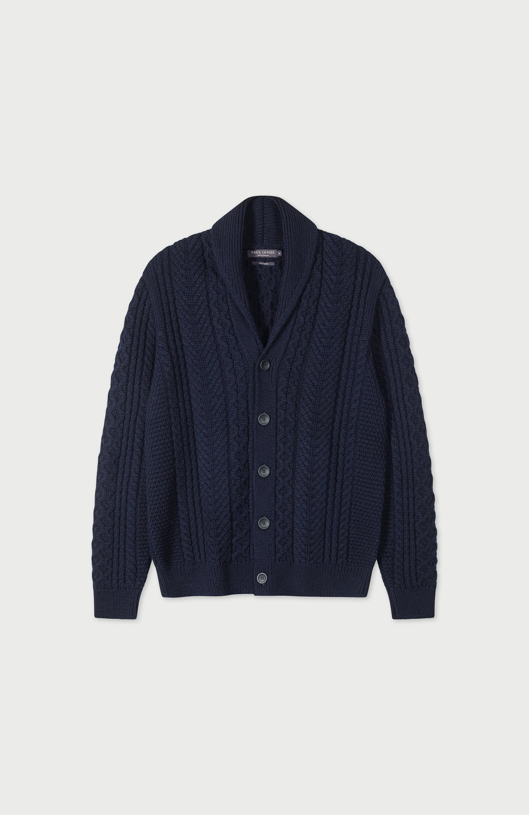 Navy Mens Chunky Merino Wool Shawl Cable Made In England Cardigan By Paul James
