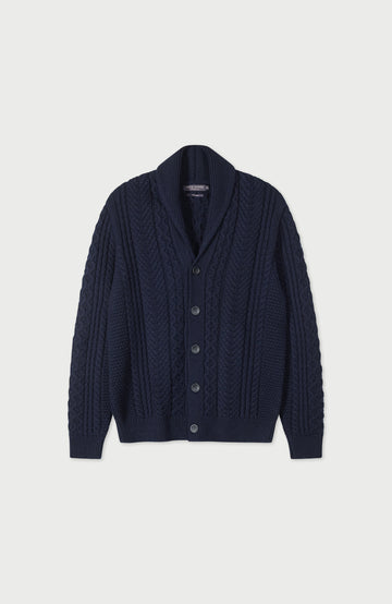 Navy Mens Chunky Merino Wool Shawl Cable Made In England Cardigan By Paul James