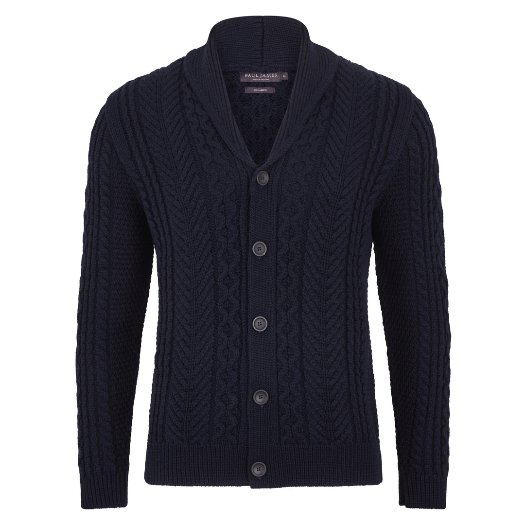 Mens Chunky Merino Wool Shawl Collar Cable Cardigan – Paul James