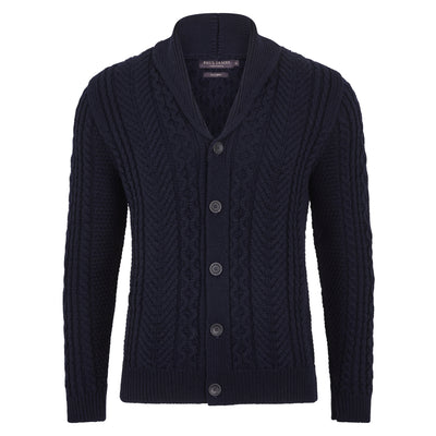 Mens Chunky Merino Wool Shawl Collar Cable Cardigan