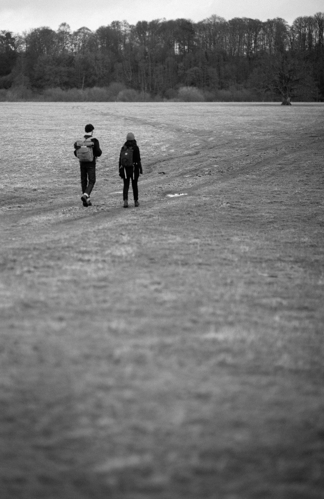 Two people walking away from the camera on a grassy field with trees in the background.