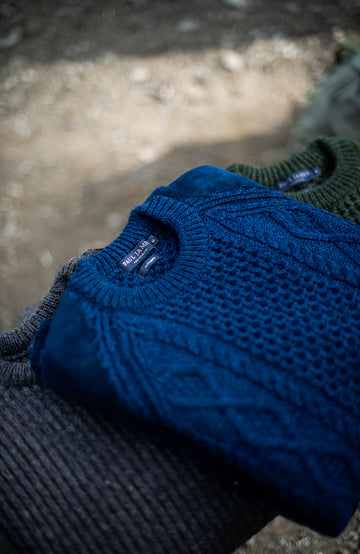 navy chunky wool shooting jumper by Paul James