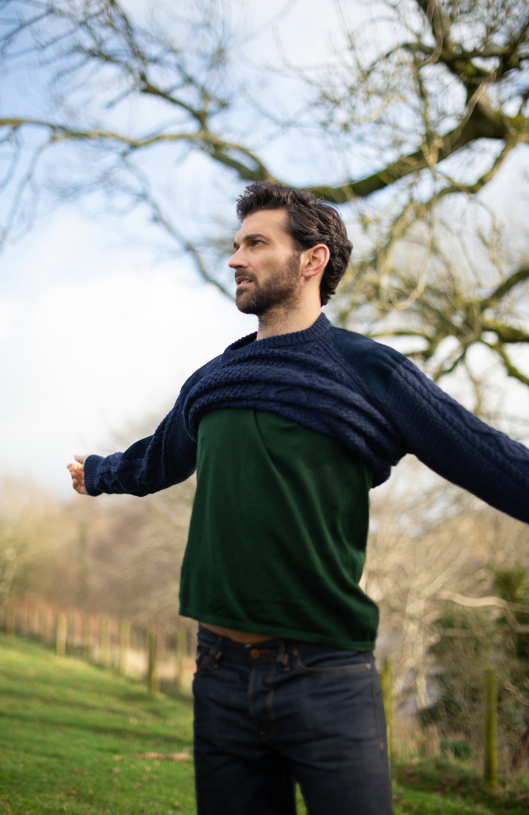 Men's chunky jumper made in England by Paul James Knitwear, layered with Activewear 5 Merino top by Paul James Knitwear