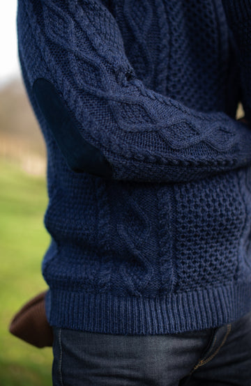 Navy man's wool shooting jumper made in England chunky Merino wool by Paul James Knitwear.