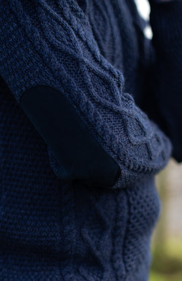 Navy man's wool shooting jumper made in England chunky Merino wool by Paul James Knitwear.