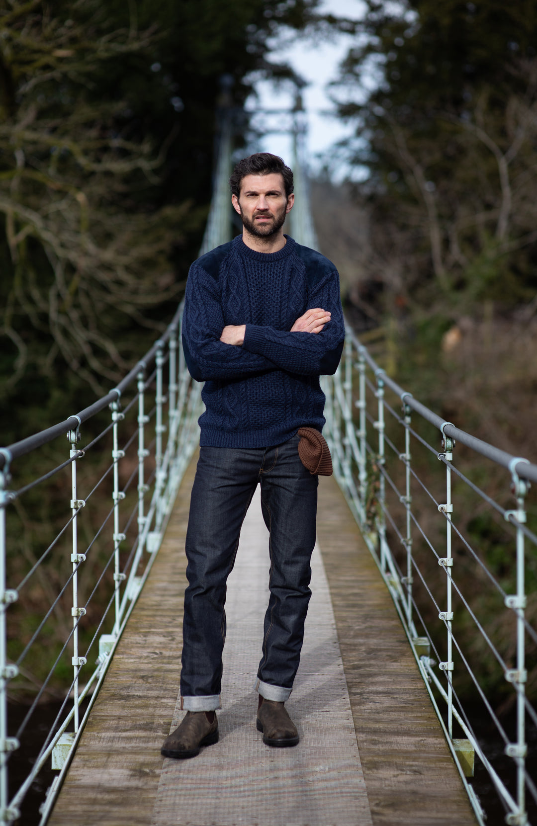 Navy man's wool shooting jumper made in England chunky Merino wool by Paul James Knitwear.
