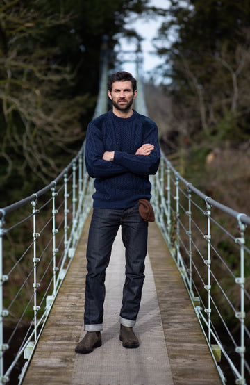 Navy man's wool shooting jumper made in England chunky Merino wool by Paul James Knitwear.