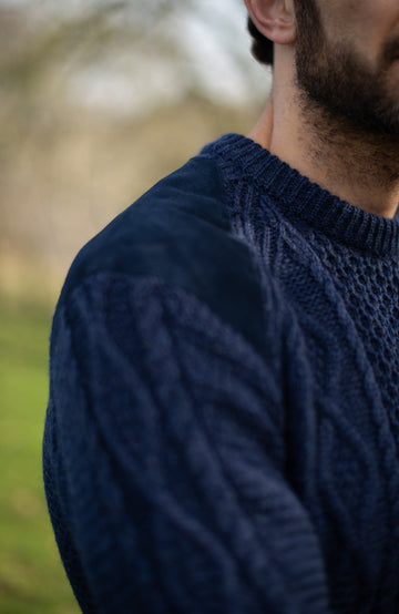 Navy man's wool shooting jumper made in England chunky Merino wool by Paul James Knitwear.