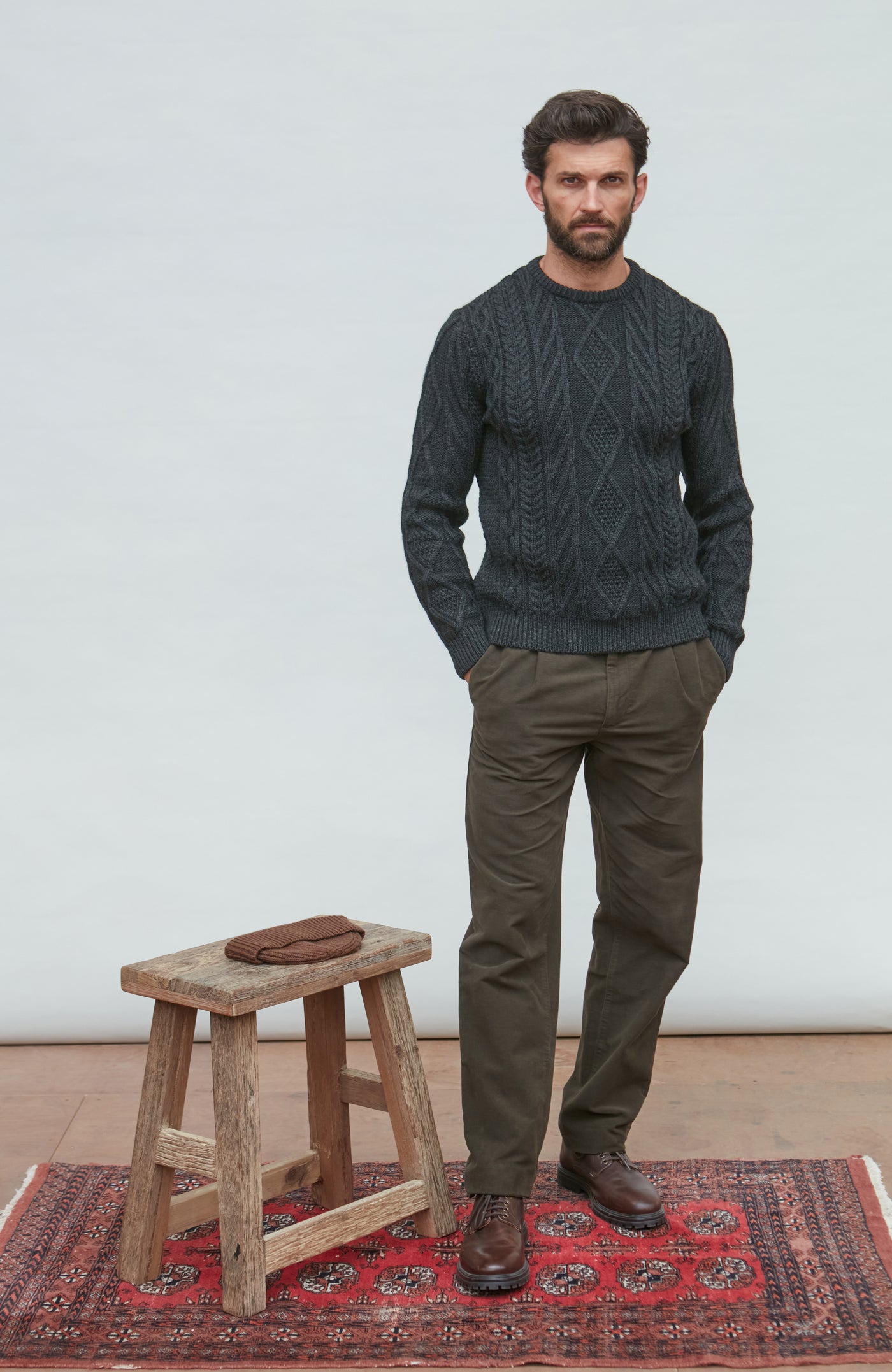 black mens chunky merino wool cable jumper