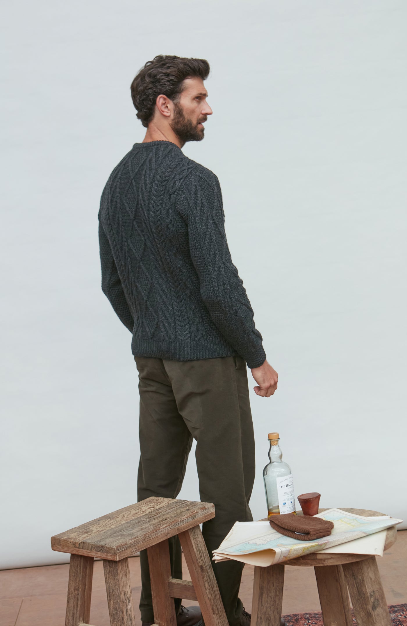 black mens chunky merino wool cable jumper