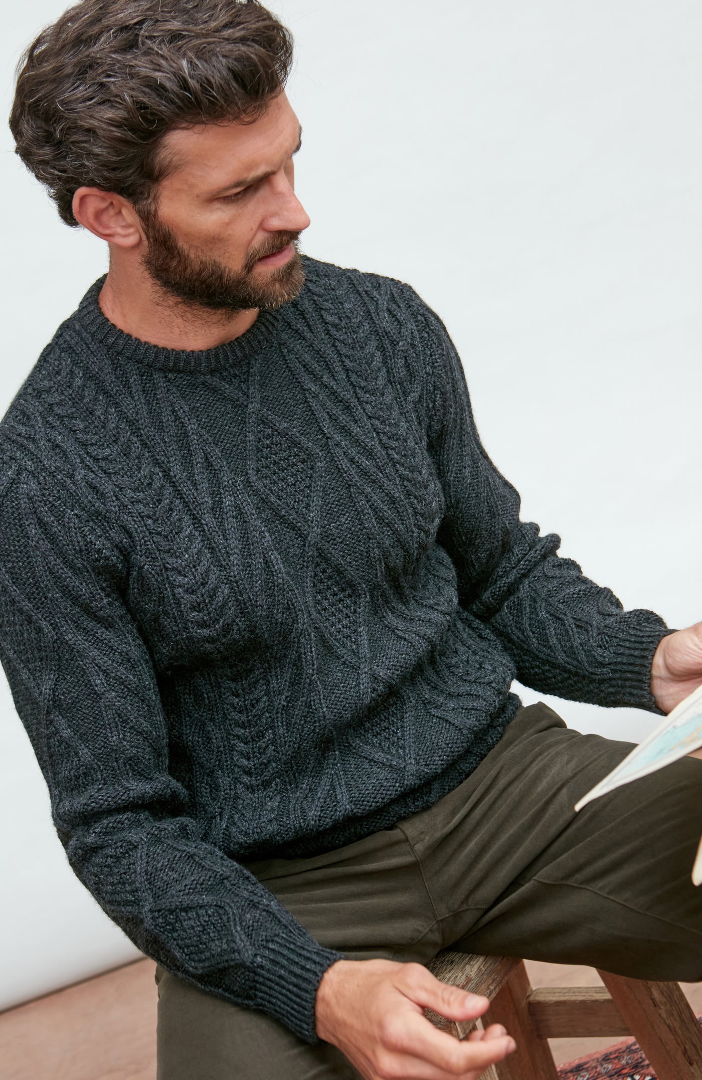 black mens chunky merino wool cable jumper