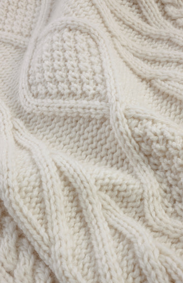 Chunky merino wool jumper made in England by Paul James Knitwear. Close-up knitted swatch and cable pattern