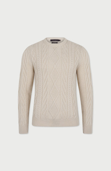 Ecru Mens Merino Wool Cable Jumper By Paul James