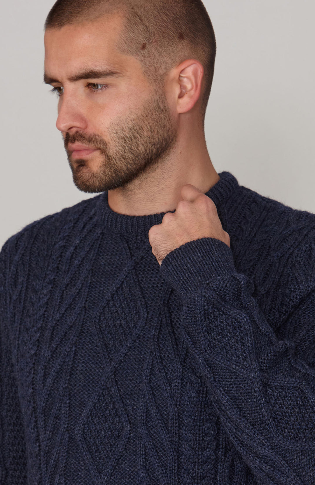 navy mens cable chunky woo jumper by Paul James