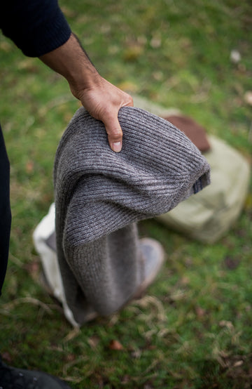 Taupe Chunky Rib Wool Jumper made in England by Paul James Knitwear
