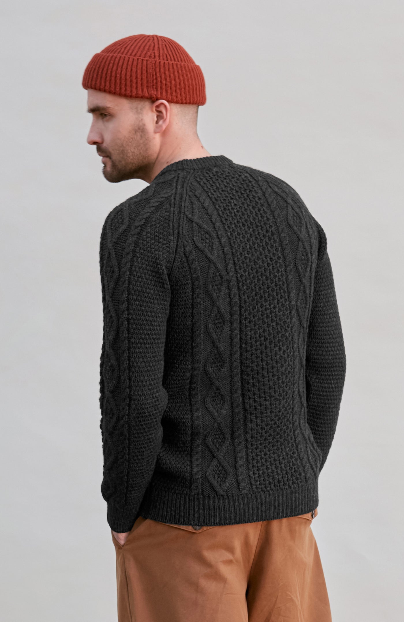 black mens merino wool cable fisherman jumper