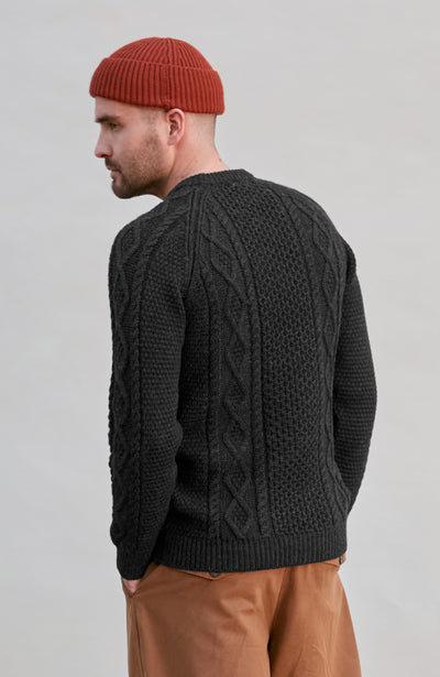 black mens merino wool cable fisherman jumper