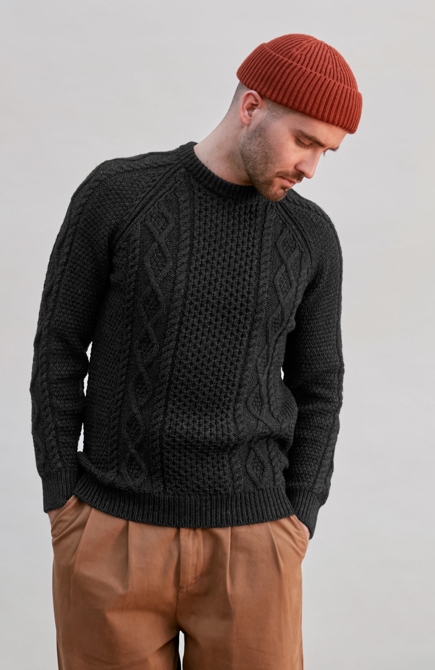black mens merino wool cable fisherman jumper