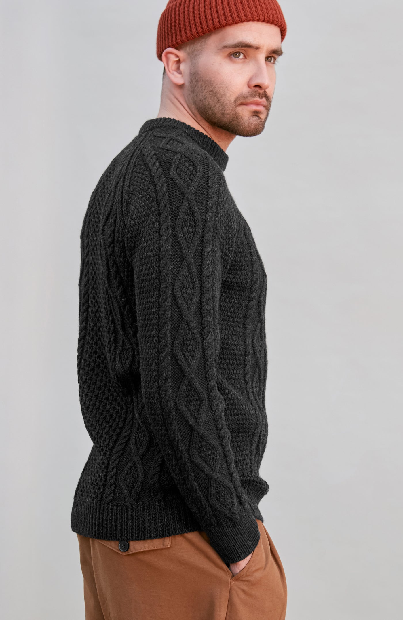 black mens merino wool cable fisherman jumper