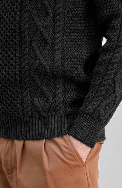 black mens merino wool cable fisherman jumper