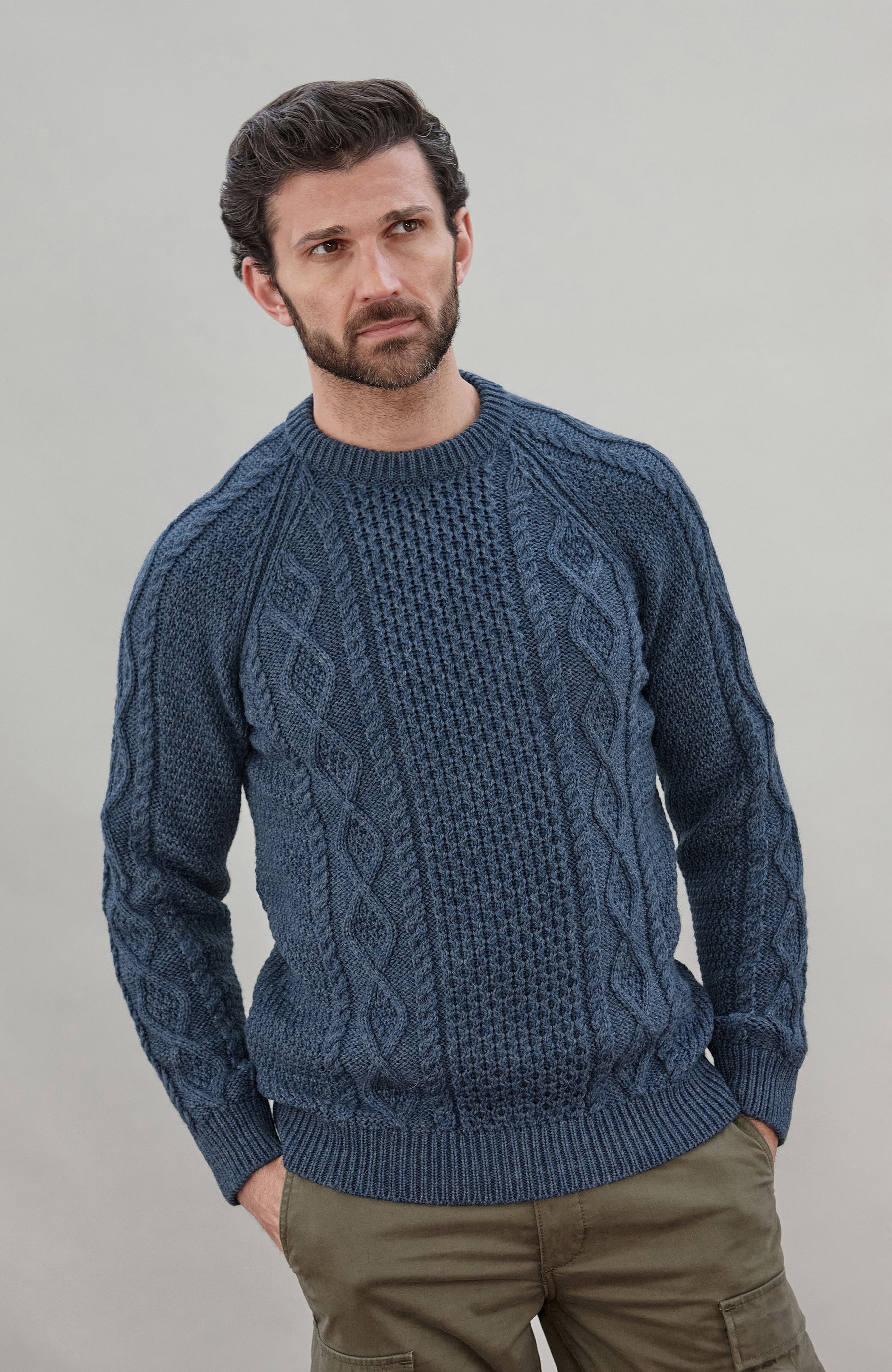 Denim Blue Mens Merino Wool Fishermans Jumper Made In England by Paul James 