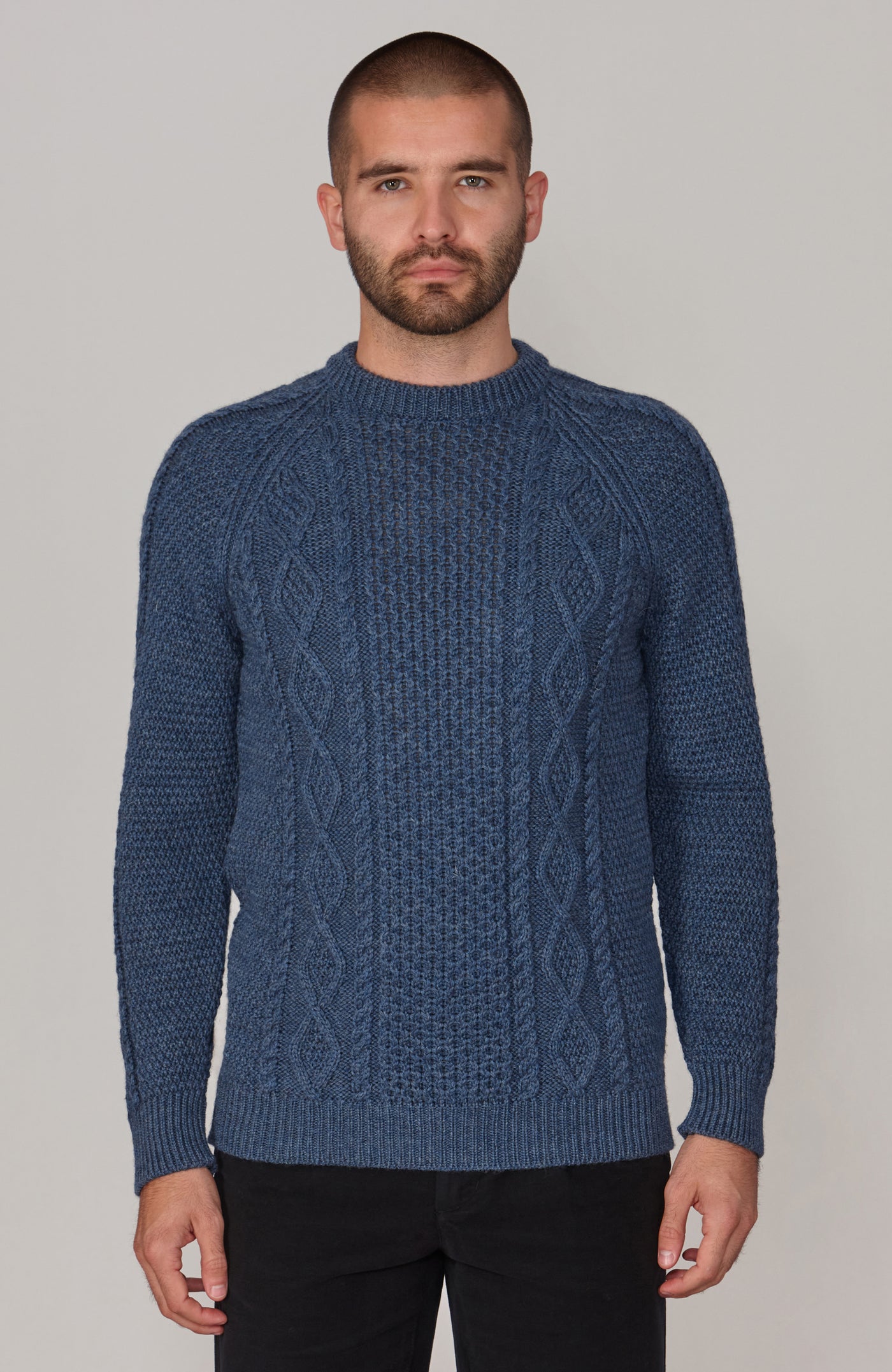 blue mens chunky merino wool cable jumper