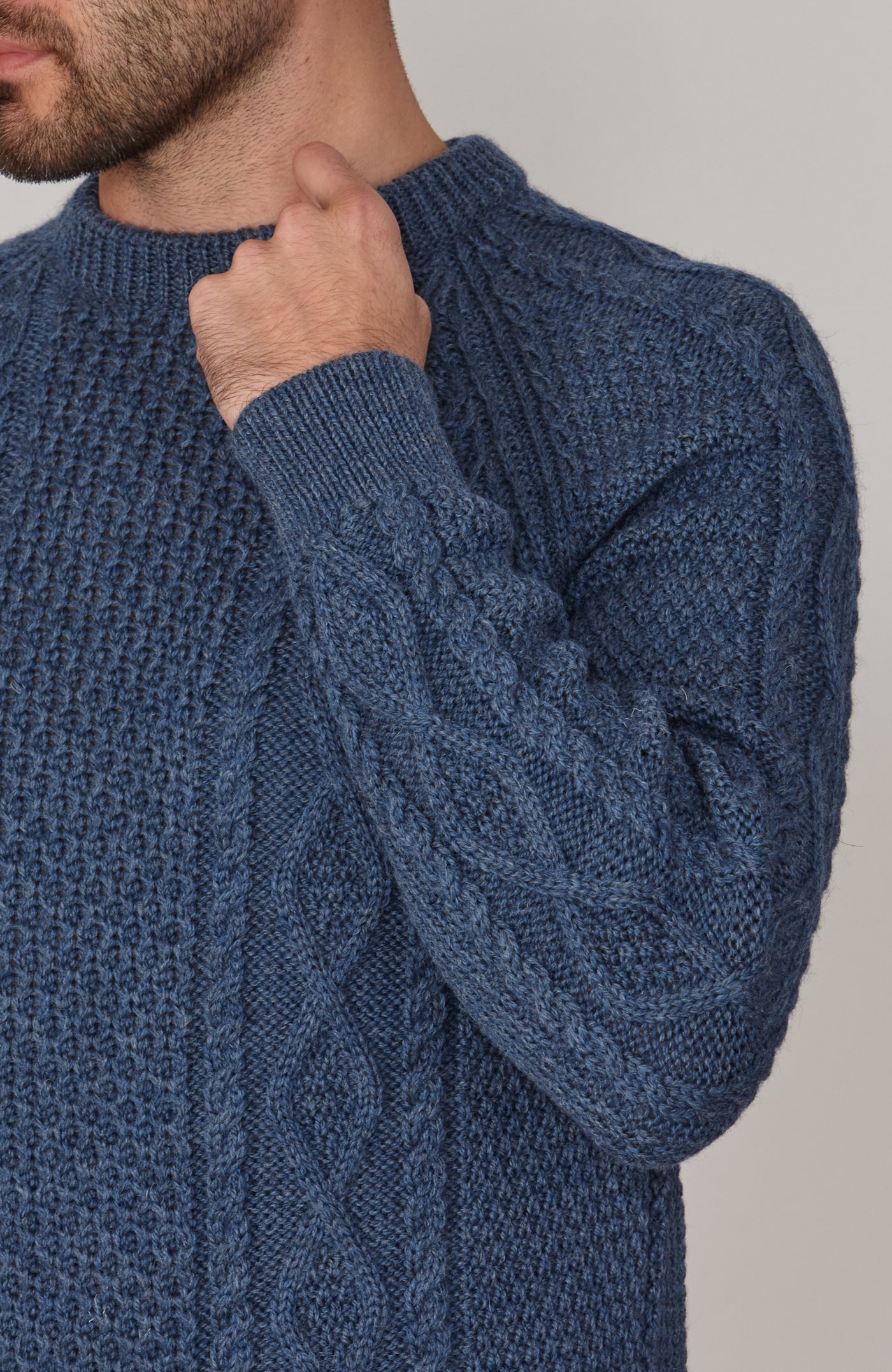 blue mens chunky merino wool cable jumper